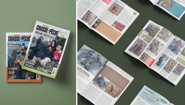 Deux magazines Sentier Chasse-Pêche posés sur fond vert avec plusieurs pages ouvertes montrant articles et photos sur la chasse et la pêche.