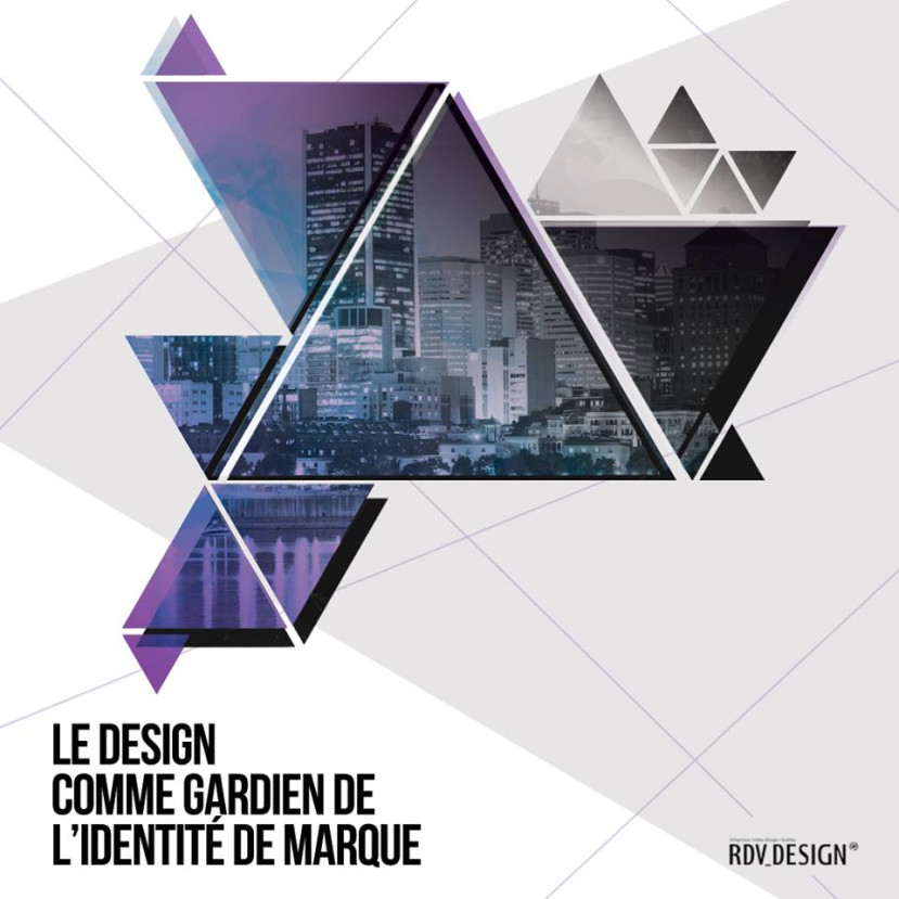 Composition géométrique triangulaire avec photo urbaine en noir et blanc et texte sur le design et l'identité de marque.