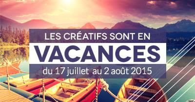 Lac paisible avec canots rouges et montagnes au coucher du soleil, annonce vacances du 17 juillet au 2 août 2015.