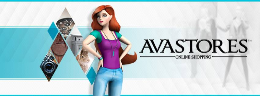 Personnage féminin animé avec cheveux roux devant logo Avastores et images d'articles variés pour magasinage en ligne.