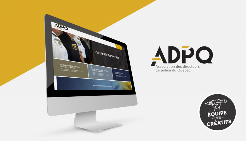 Écran d'ordinateur affichant le site Web de l'Association des directeurs de police du Québec avec logo et icône d'équipe créative.