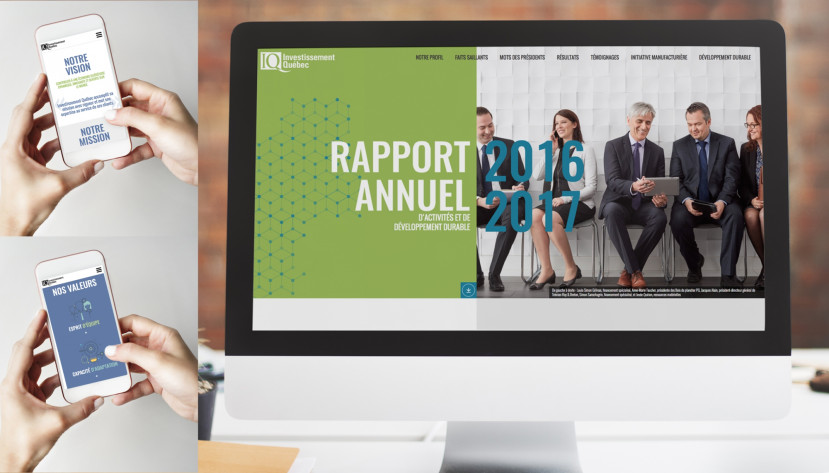 Écran d'ordinateur affichant le rapport annuel 2016-2017 d'Investissement Québec avec quatre professionnels assis.