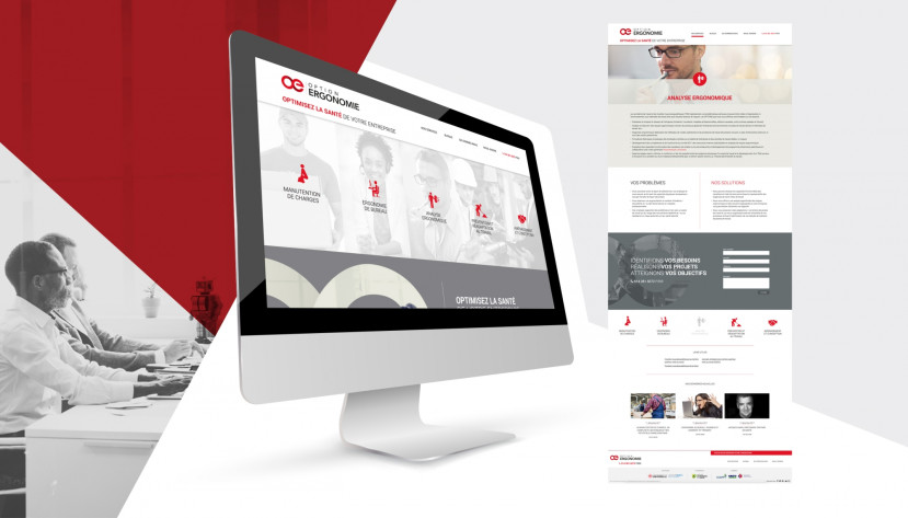 Écran d'ordinateur affichant le site web d'Option Ergonomie avec des icônes et texte sur fond rouge et blanc.