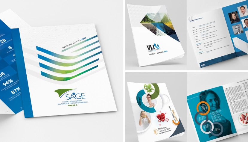 Quatre couvertures et pages intérieures de rapports annuels avec graphiques, photos et portraits professionnels.