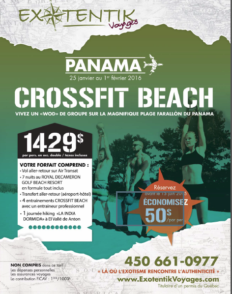 Annonce pour un séjour CrossFit Beach à Panama avec hébergement, entraînements et vol inclus, du 25 janv. au 1 fév. 2016.