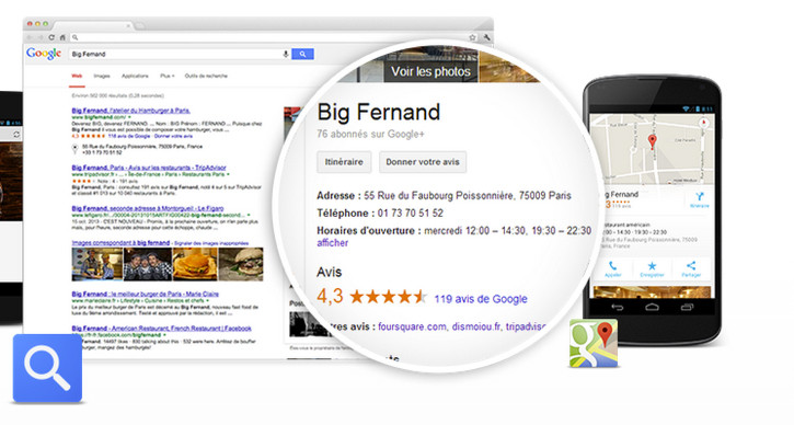 Capture d'écran montrant la fiche Google de Big Fernand avec adresse, téléphone, horaires et avis.