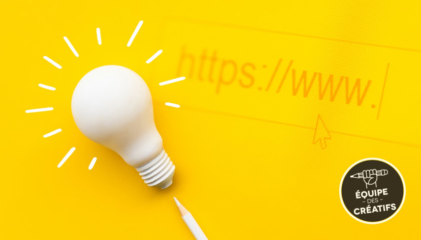 Ampoule blanche allumée sur fond jaune avec barre d'adresse web et logo Équipe des Créatifs.