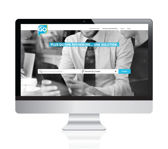 Écran d'ordinateur affichant un site web de recherche Anugo avec un slogan en français et un formulaire de recherche pour Montréal, Canada.