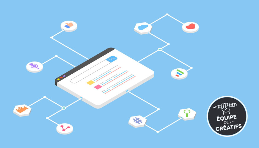 Illustration d'une page de recherche connectée à diverses icônes symbolisant l'indexation et le référencement.