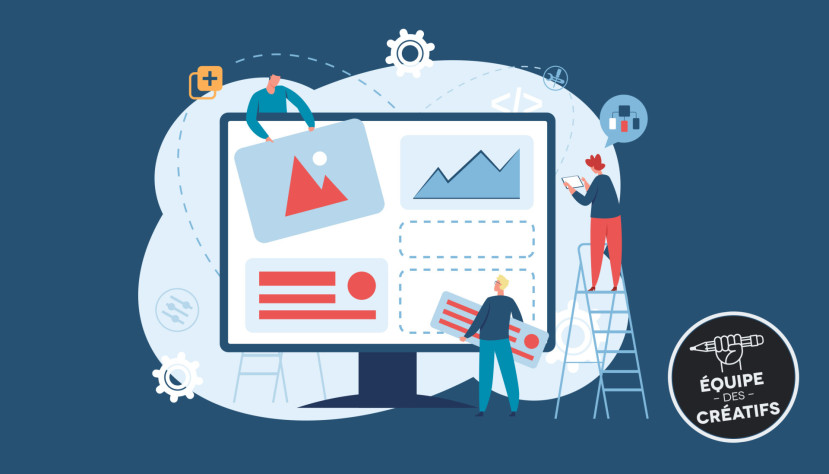 Trois personnes collaborent à la conception d'un site web sur un grand écran d'ordinateur.