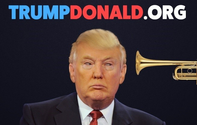 Portrait de Donald Trump en costume avec un trombone doré à droite et texte TRUMPDONALD.ORG en arrière-plan.
