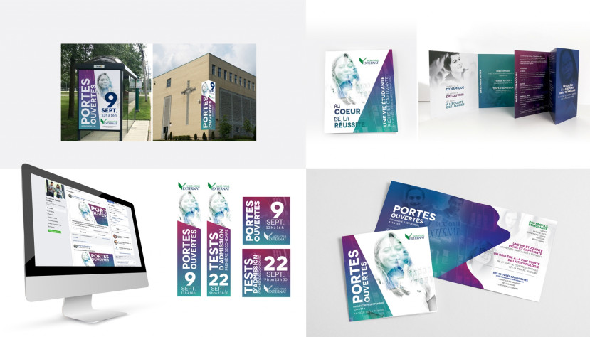Affiches, brochures et publicités numériques pour portes ouvertes et tests de l'Externat Sacré-Coeur.