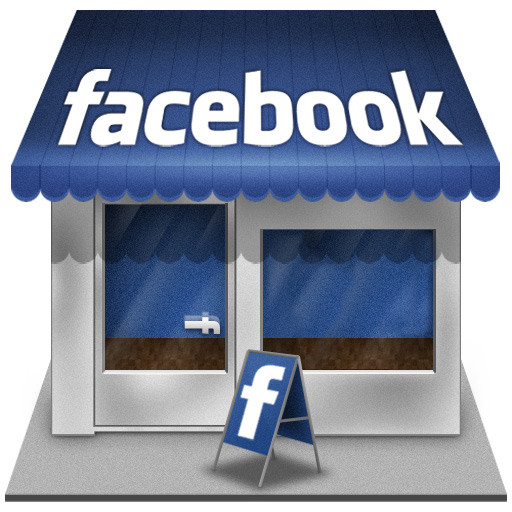 Façade de magasin stylisée avec auvent bleu Facebook et logo blanc, représentant une page d'affaires Facebook.