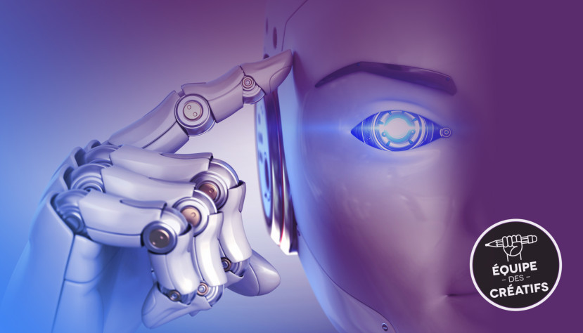 Visage futuriste d'un robot avec un œil lumineux bleu et une main mécanique touchant sa tête.