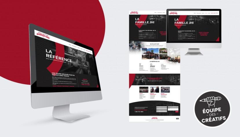 Écrans d'ordinateur montrant du site web professionnel de Joliette Hydrolique avec design noir, blanc et rouge, logo Équipe des Créatifs.