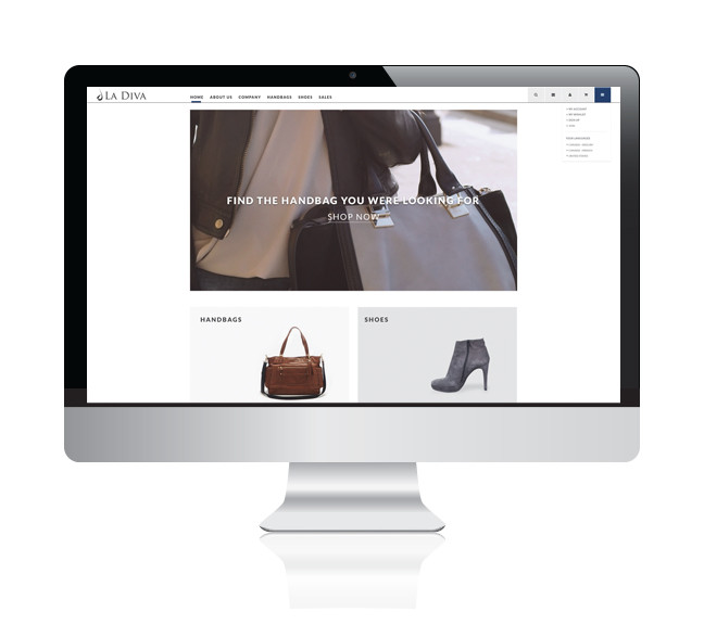 Site web La Diva affichant une page d'accueil avec sacs à main et chaussures en vente.