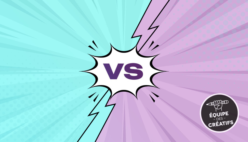 Fond divisé bleu et violet avec un éclat blanc central affichant 'VS' en violet.
