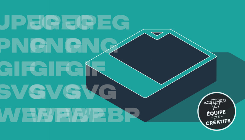 Illustration d'un disque dur avec noms de formats de fichiers Web comme JPEG, PNG, GIF, SVG, WebP sur fond turquoise.