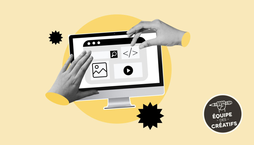 Deux mains manipulent un écran d'ordinateur affichant des icônes web sur fond jaune avec logo Équipe des Créatifs.