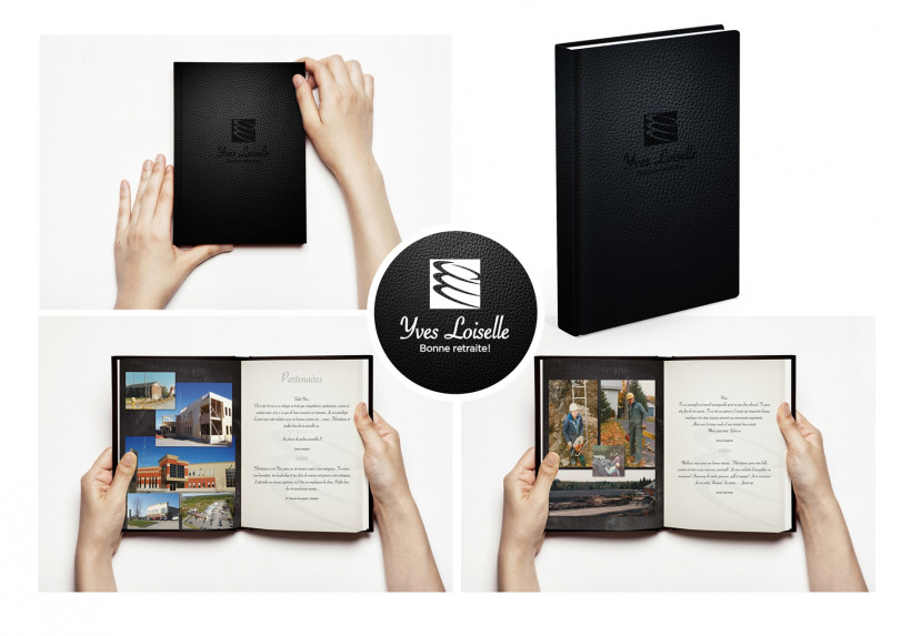 Livre noir texturé avec logo Yves Loiselle, pages intérieures montrant photos et textes de retraite.