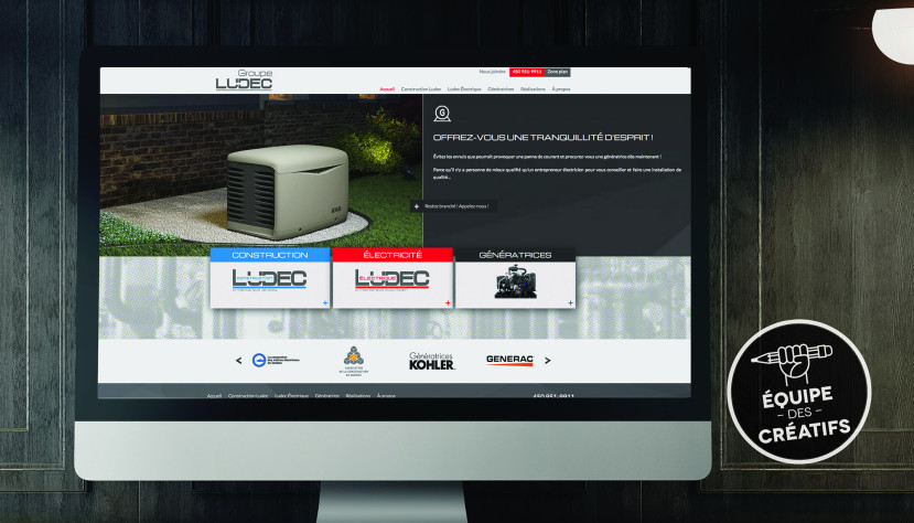 Écran d'ordinateur affichant le site web de Ludec avec une génératrice extérieure et options de services.