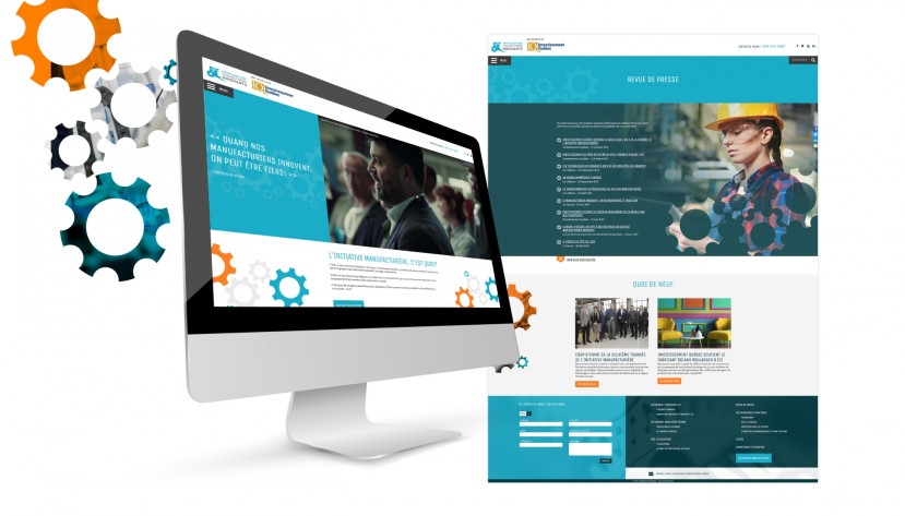 Écran d'ordinateur affichant le site web de Manufacturier Innovants industriel avec des engrenages colorés et une femme en casque de sécurité.
