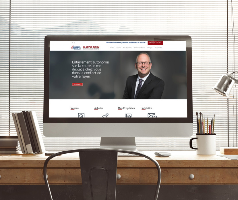 Écran d'ordinateur affichant le site web professionnel de Marco Roux avec sa photo et options immobilières.