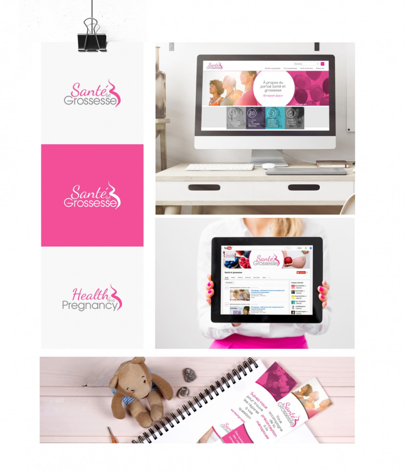 Logos Santé Grossesse en rose et blanc, site web affiché sur ordinateur et tablette, articles et objets liés à la grossesse.
