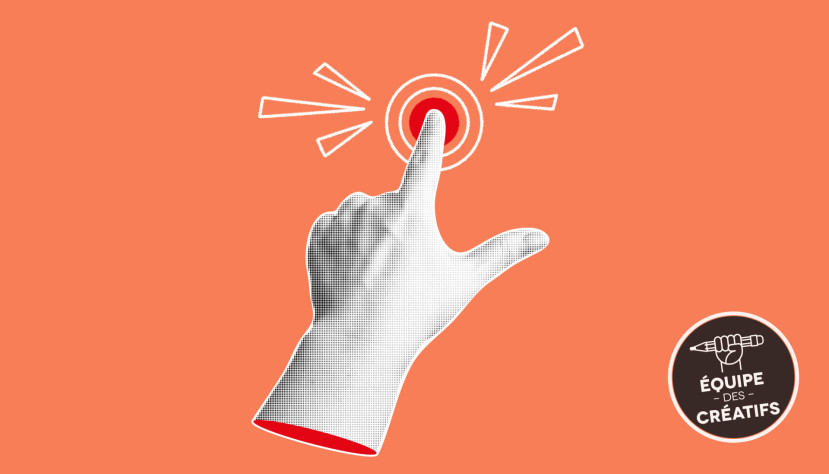 Main blanche pointant vers un bouton rouge sur fond orange avec logo Équipe des Créatifs.