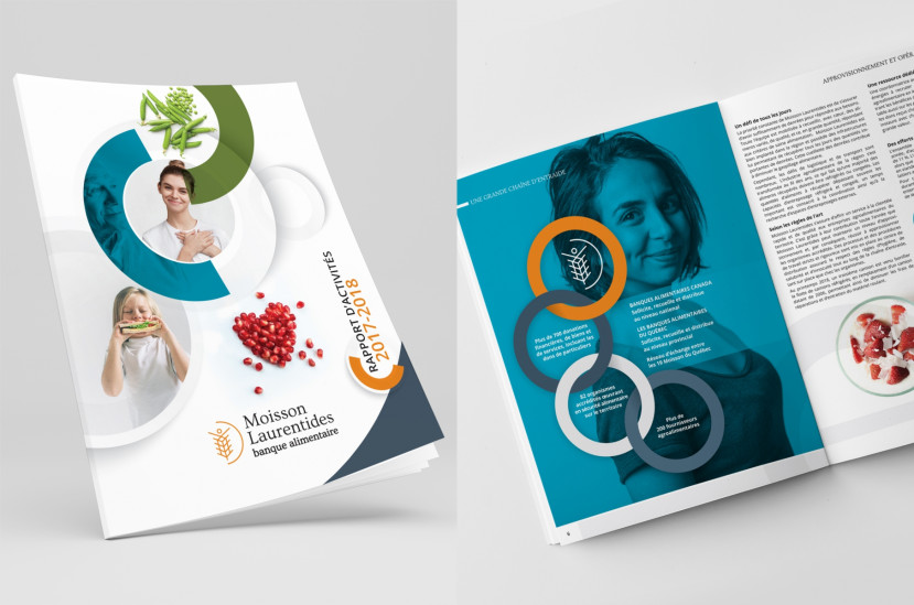 Rapport d'activités 2017-2018 de Moisson Laurentides avec photos et graphiques colorés.