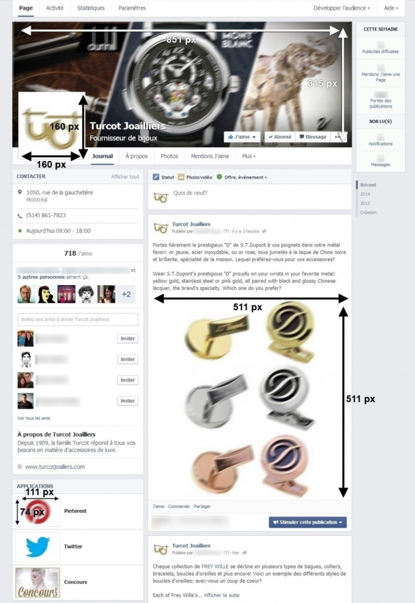 Capture d'écran d'une page Facebook montrant les dimensions recommandées pour les images de profil, couverture et publications.