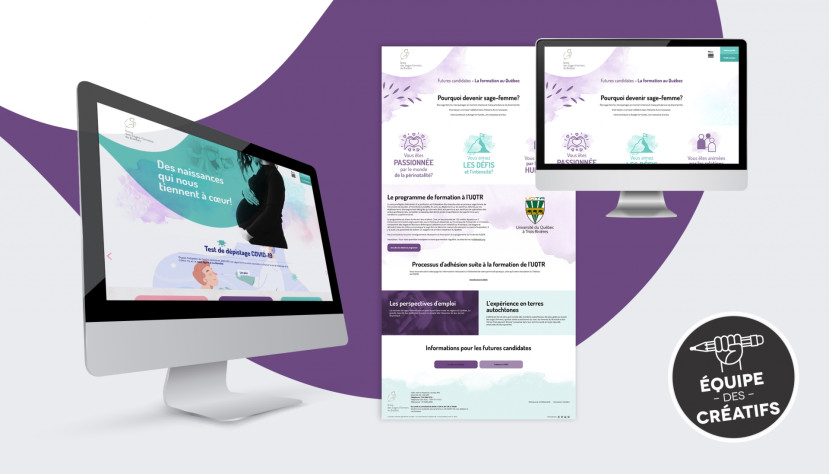 Écrans d'ordinateur montrant le site web de l'OSFQ sur la formation et la profession de sage-femme avec des illustrations et du texte informatif.