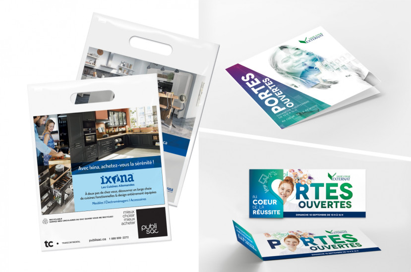 Sac Publisac avec publicité Ixina pour cuisine et dépliants pour portes ouvertes d'un établissement scolaire.