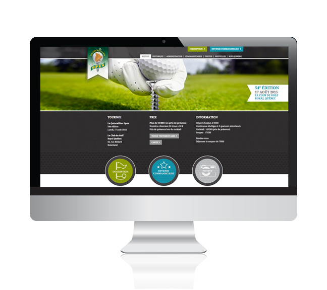 Écran d'ordinateur affichant une page web de tournoi de golf avec image d'une main gantée tenant une balle sur un tee.