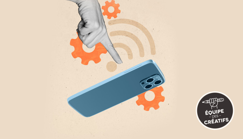 Main pointant un téléphone bleu avec des engrenages orange et un symbole Wi-Fi en arrière-plan.