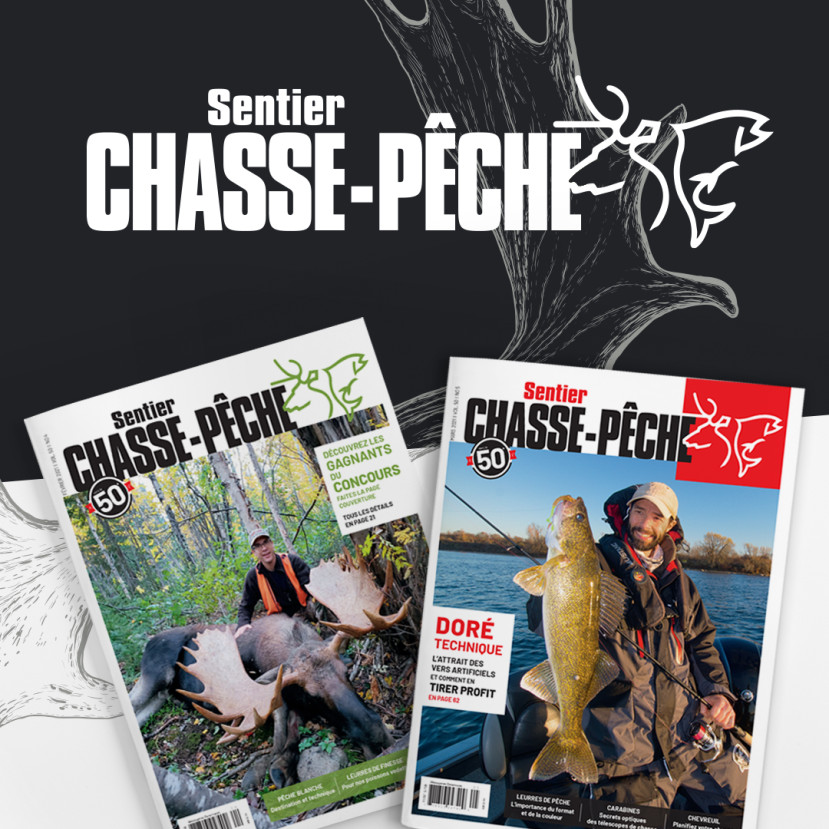 Deux couvertures de magazine Sentier Chasse-Pêche montrant un chasseur avec un orignal et un pêcheur avec un gros poisson.