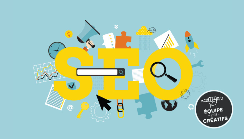 Illustration colorée avec le texte SEO en jaune et des icônes liées au marketing numérique sur fond bleu.