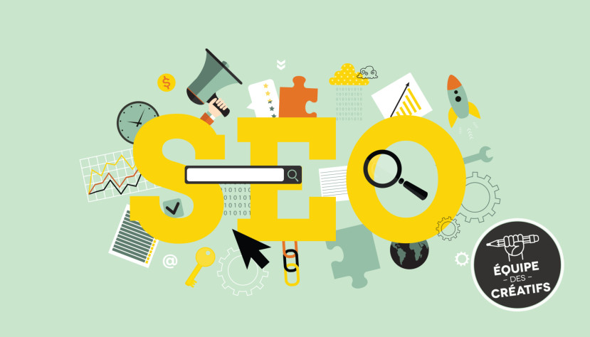 Illustration colorée du terme SEO avec icônes de marketing, analyse, et outils créatifs sur fond vert pâle.