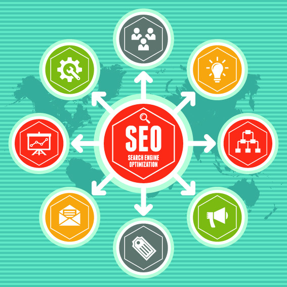 Diagramme SEO avec icônes représentant optimisation, stratégie, idées, marketing et analyse sur fond de carte du monde.