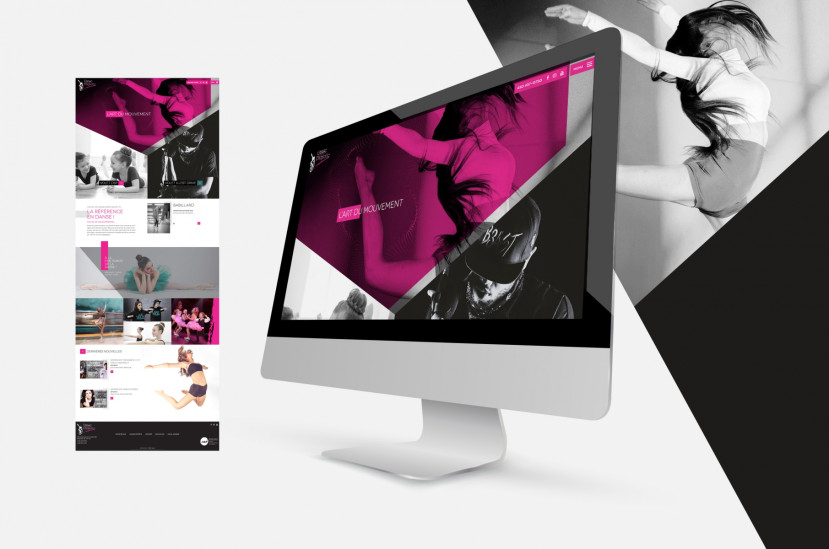 Écran d'ordinateur affichant le site web de Danse Suzie Paquette avec une femme en mouvement en arrière-plan et une maquette de page web à gauche.