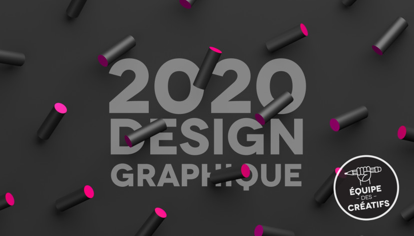 Texte "2020 Design Graphique" en gris sur fond noir avec cylindres noirs et extrémités roses flottants.