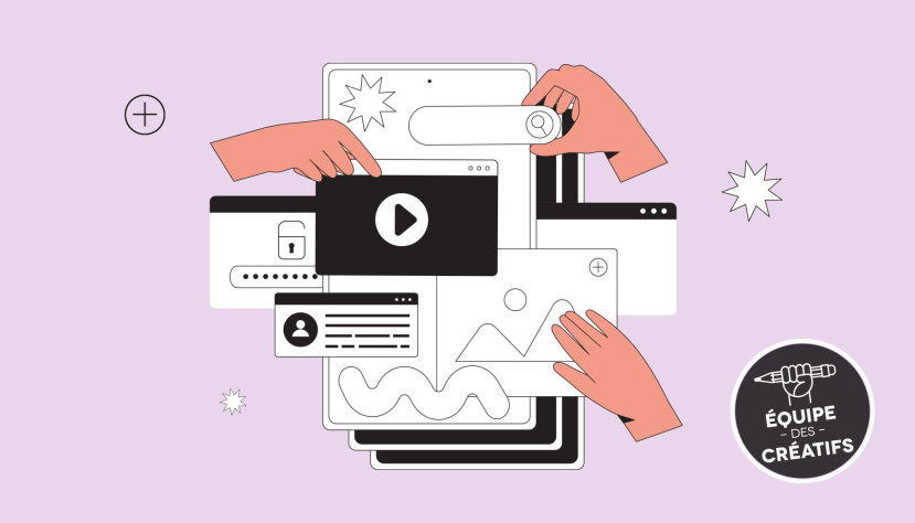 Illustration de mains manipulant des fenêtres d'interface web sur fond violet avec logo Équipe des Créatifs.