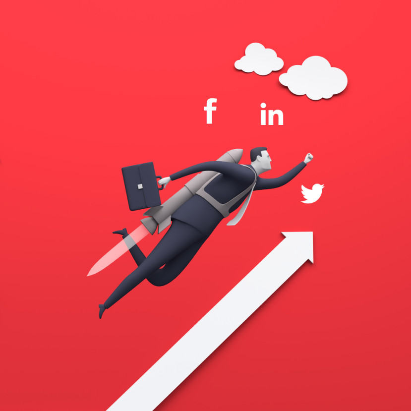 Homme d'affaires avec jetpack volant vers des icônes de réseaux sociaux sur fond rouge avec flèche blanche ascendante.