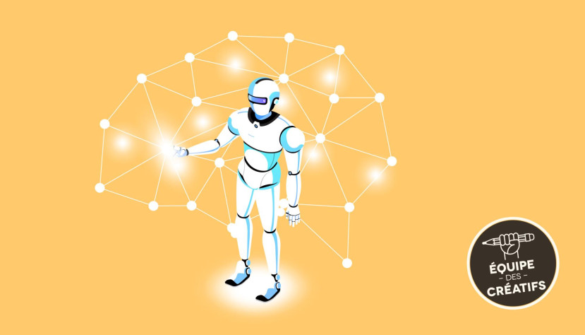 Robot blanc interagissant avec un réseau lumineux de points connectés sur fond orange.