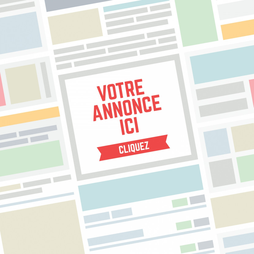 Carré blanc central avec texte rouge « Votre annonce ici » sur fond de blocs colorés abstraits.