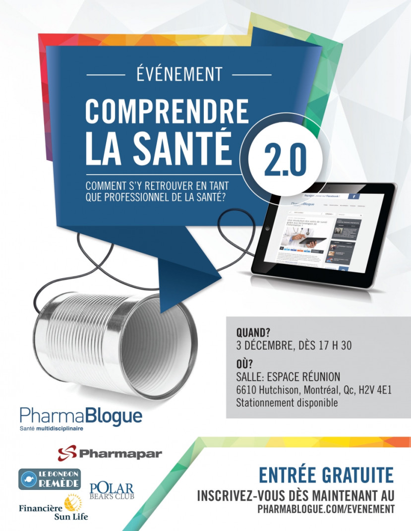 Affiche pour l'événement Comprendre la Santé 2.0 avec date, lieu, inscription gratuite et logos des partenaires.
