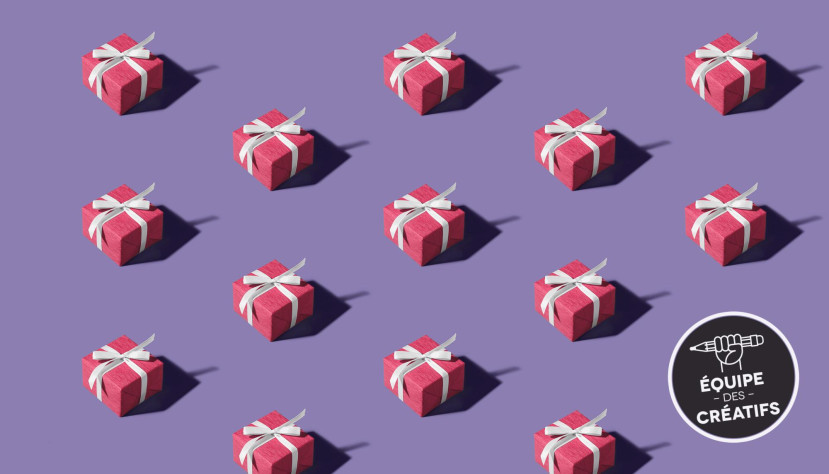Plusieurs petits cadeaux rouges avec rubans blancs sur fond violet, logo Équipe des Créatifs en bas à droite.