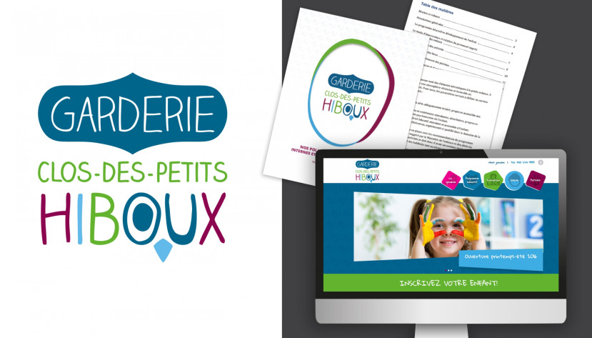 Logo coloré de la garderie Clos-des-Petits Hiboux avec documents et site web affiché sur un écran d'ordinateur.