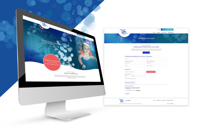 Écran d'ordinateur montrant une page d'inscription en ligne pour l'École d'O, une école de natation avec image d'enfant sous l'eau.