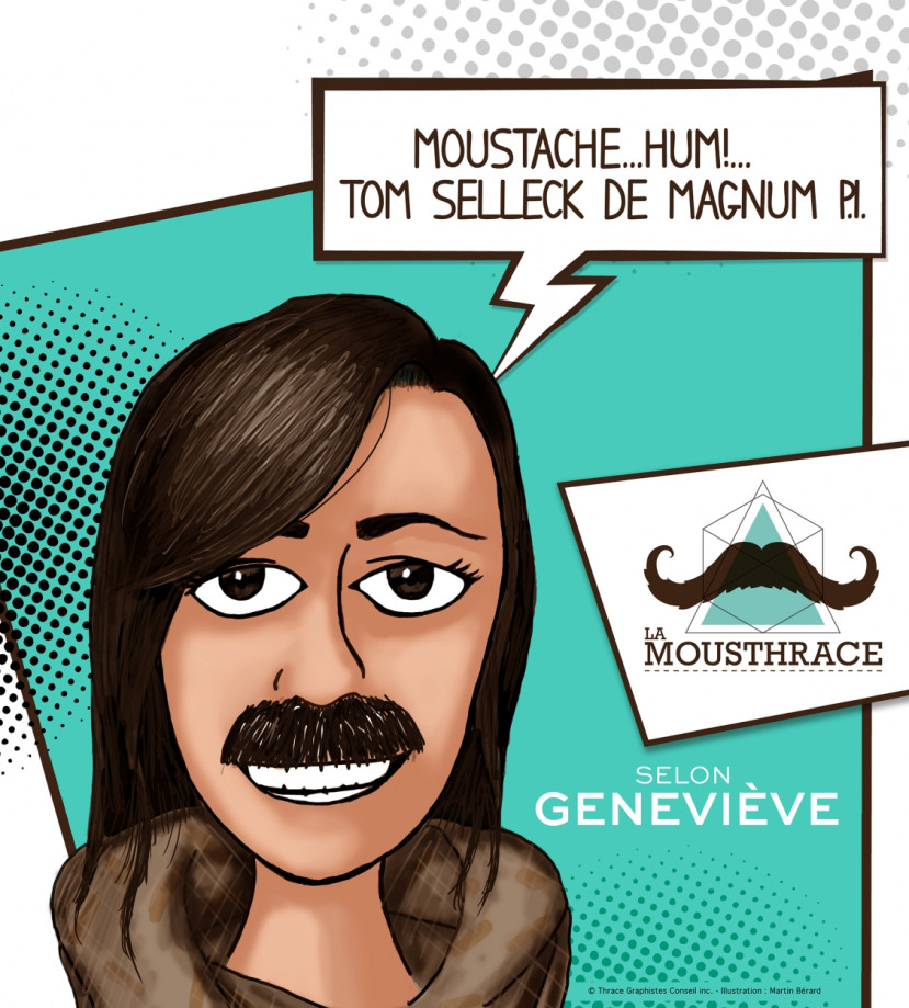 Caricature d'une femme avec une grosse moustache noire, parlant de Tom Selleck de Magnum P.I.